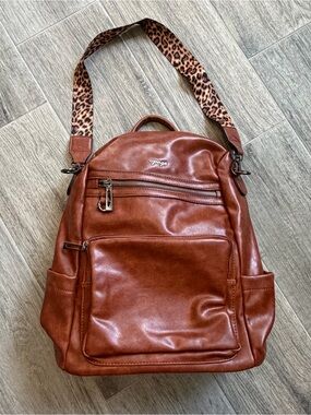 Opage Brown Leather Backpack Purse With Leopard Print Strap